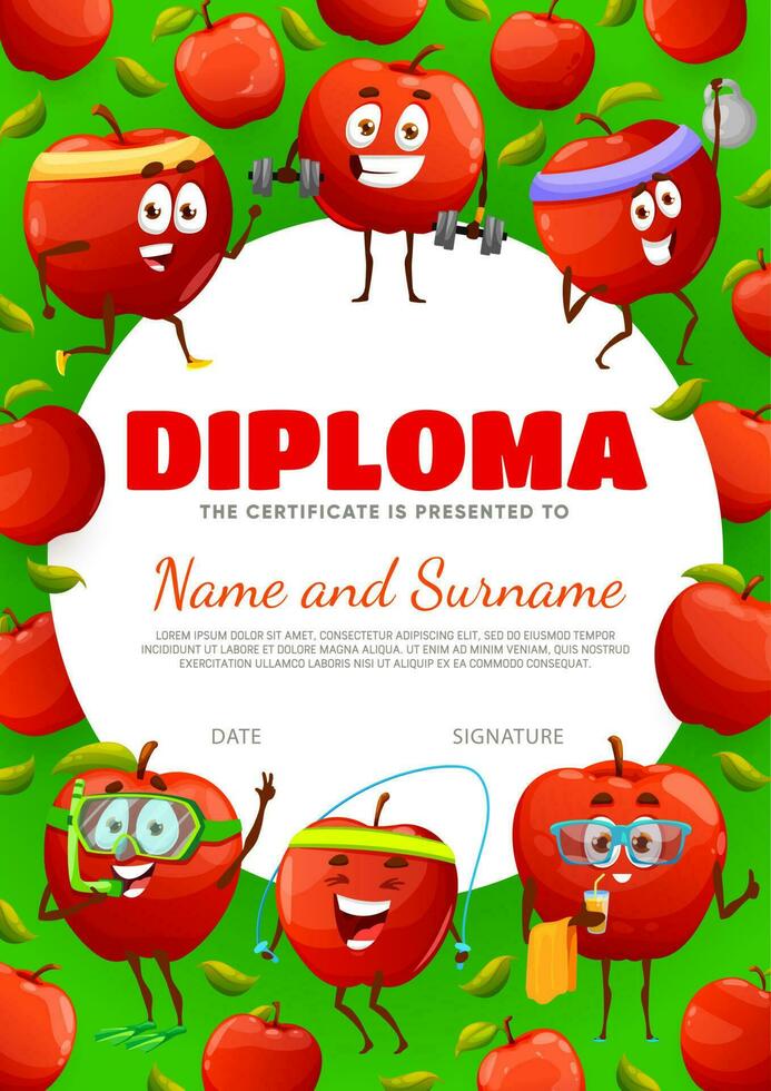 Kids diploma certificate cartoon apple characters vector