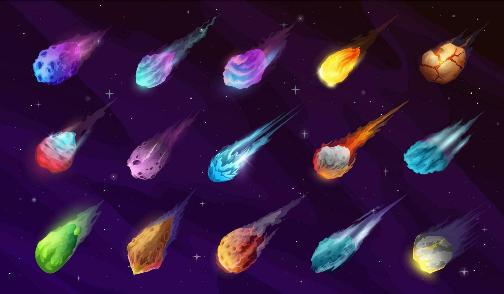 asteroides, cometas y meteoros con caminos, dibujos animados vector