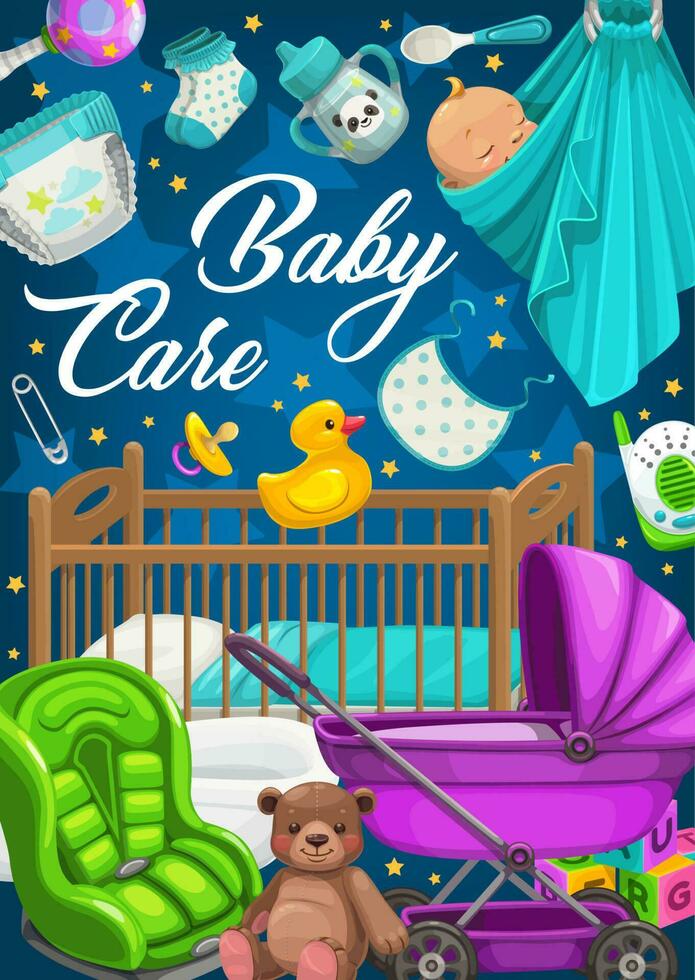 Baby care products, clothes and toys vector