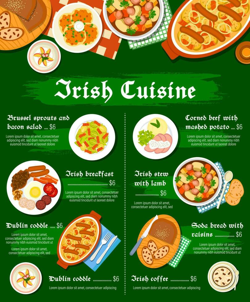 Irish food cuisine menu, breakfast dishes meals vector