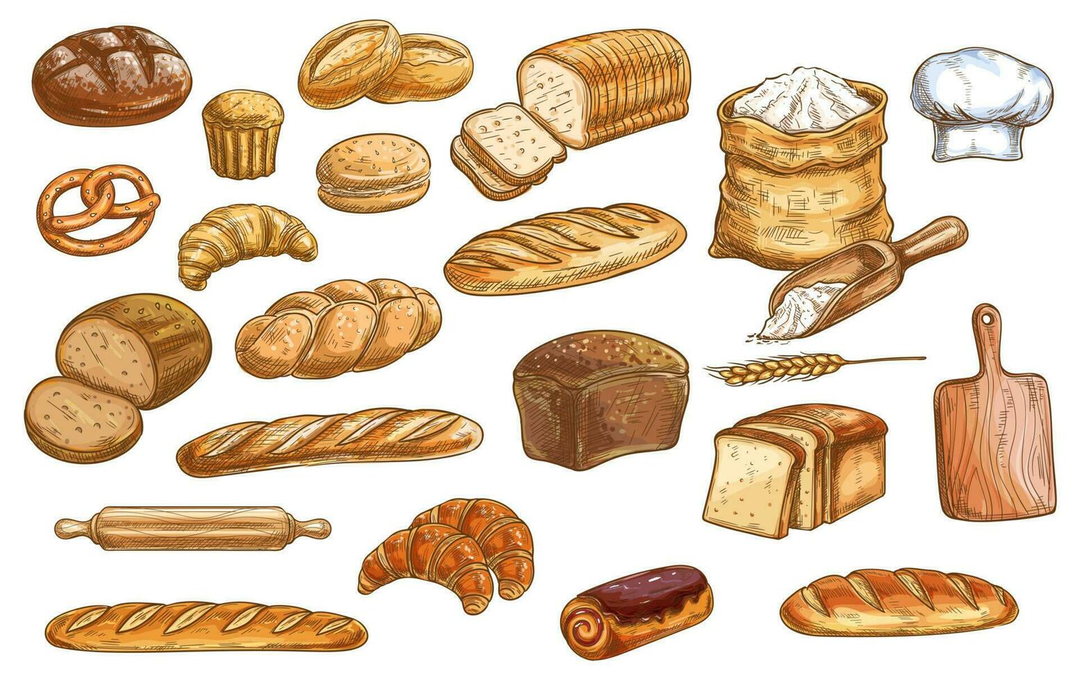 Bread and pastry color isolated vector sketches