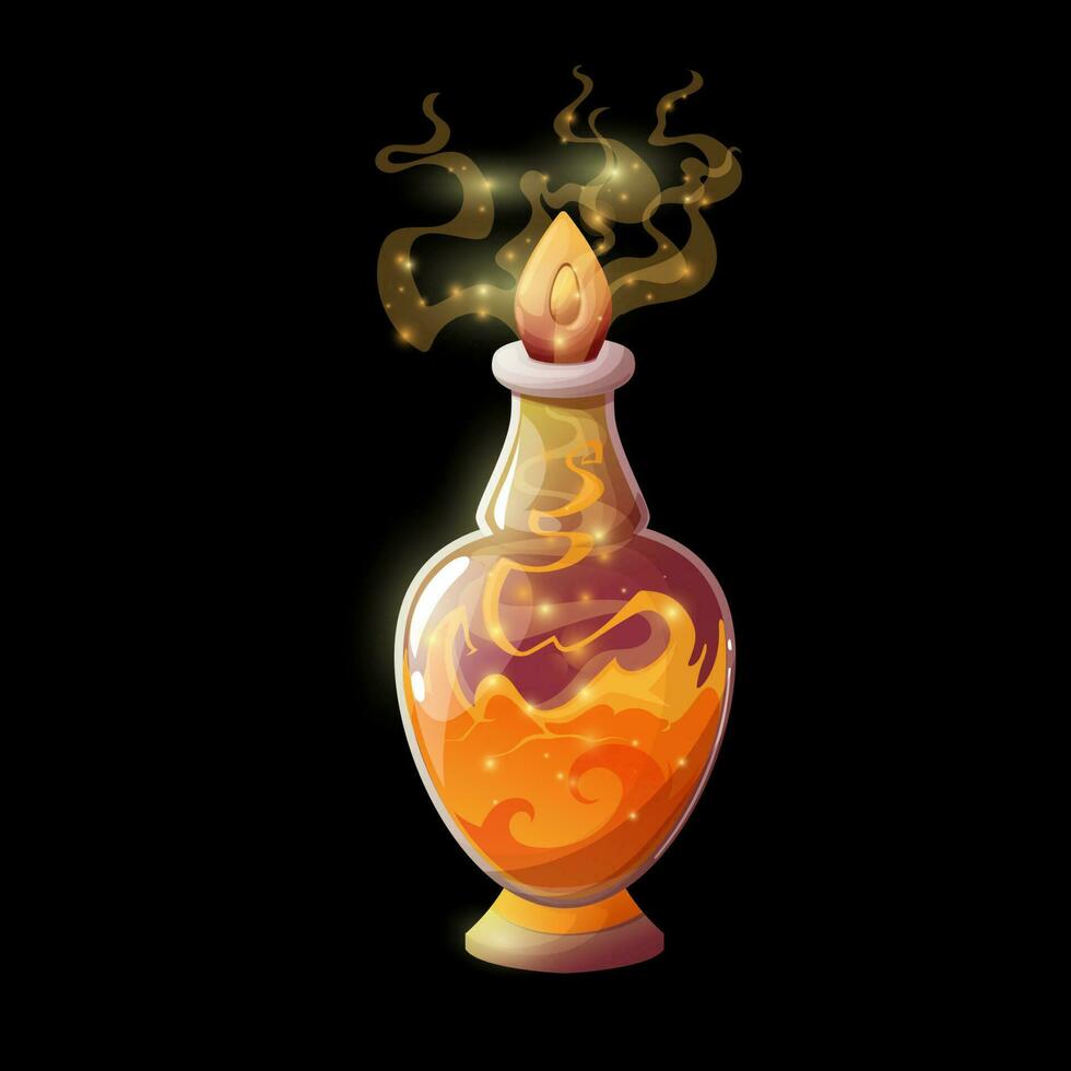 Potion bottle with orange fire flame, magic elixir vector