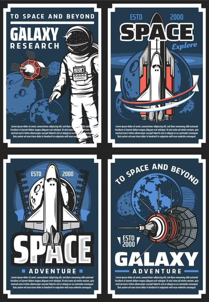 Outer space adventure, galaxy research posters vector