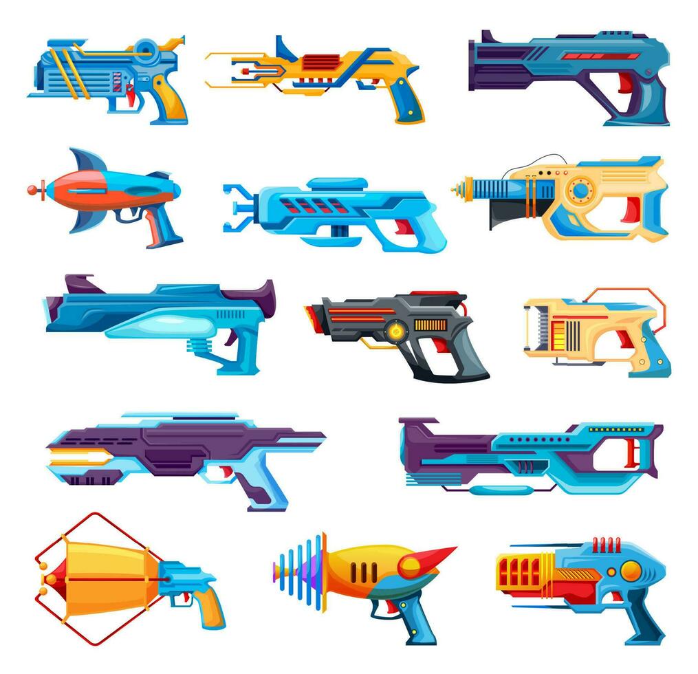 Blaster kids toy guns, cartoon handguns or rayguns vector