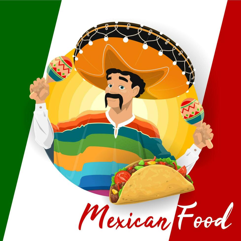 mexicano cocina comida con taco y Mariachi hombre vector