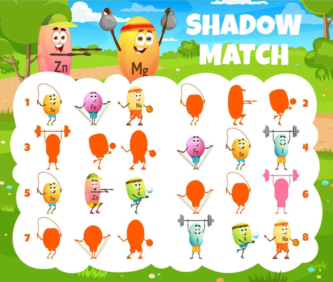 Shadow match game with cartoon vitamin characters vector