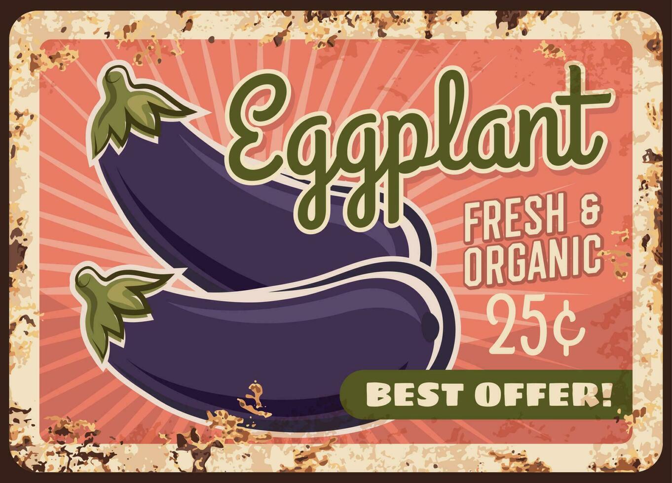 Eggplant metal plate rusty, vegetable poster retro vector
