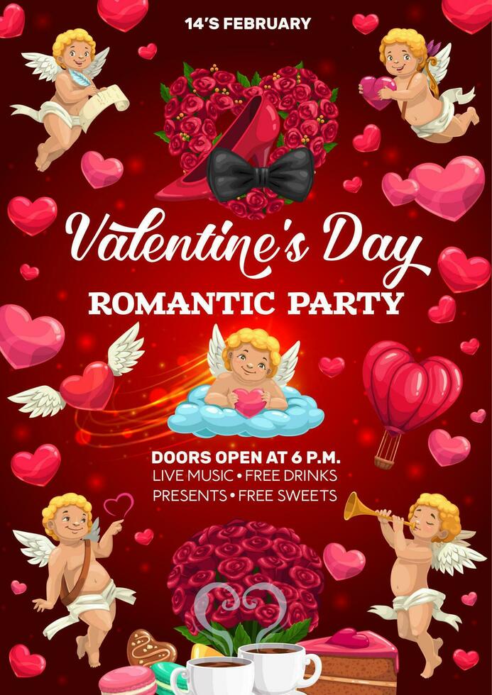 Cupids with hearts, Valentines Day party poster vector