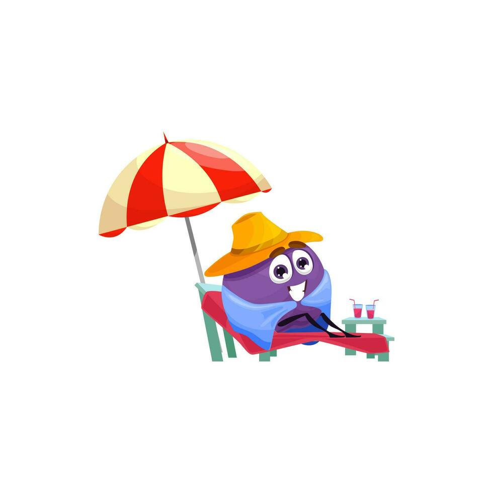 Cartoon character plum rest on beach, summer fruit vector