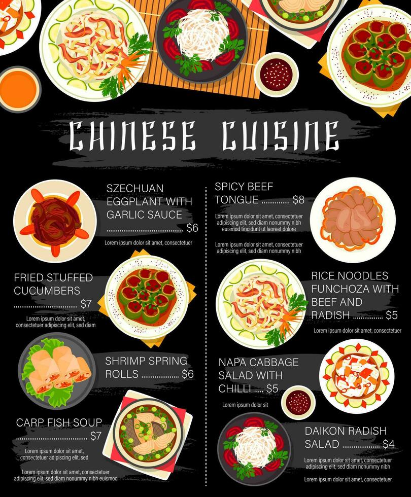 Chinese food dishes, Asian cuisine restaurant menu vector