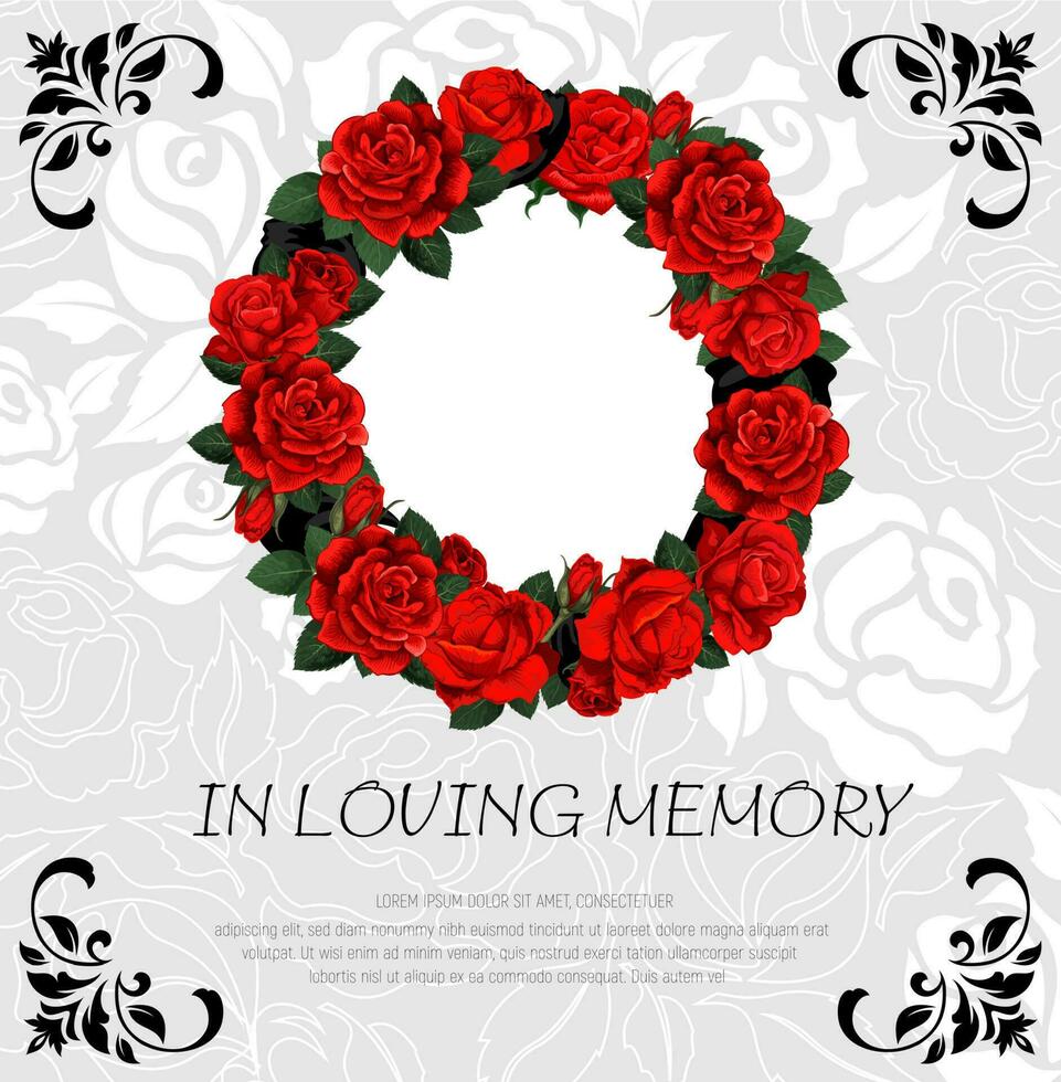 funeral tarjeta con rojo Rosa bosquejo flores guirnalda vector