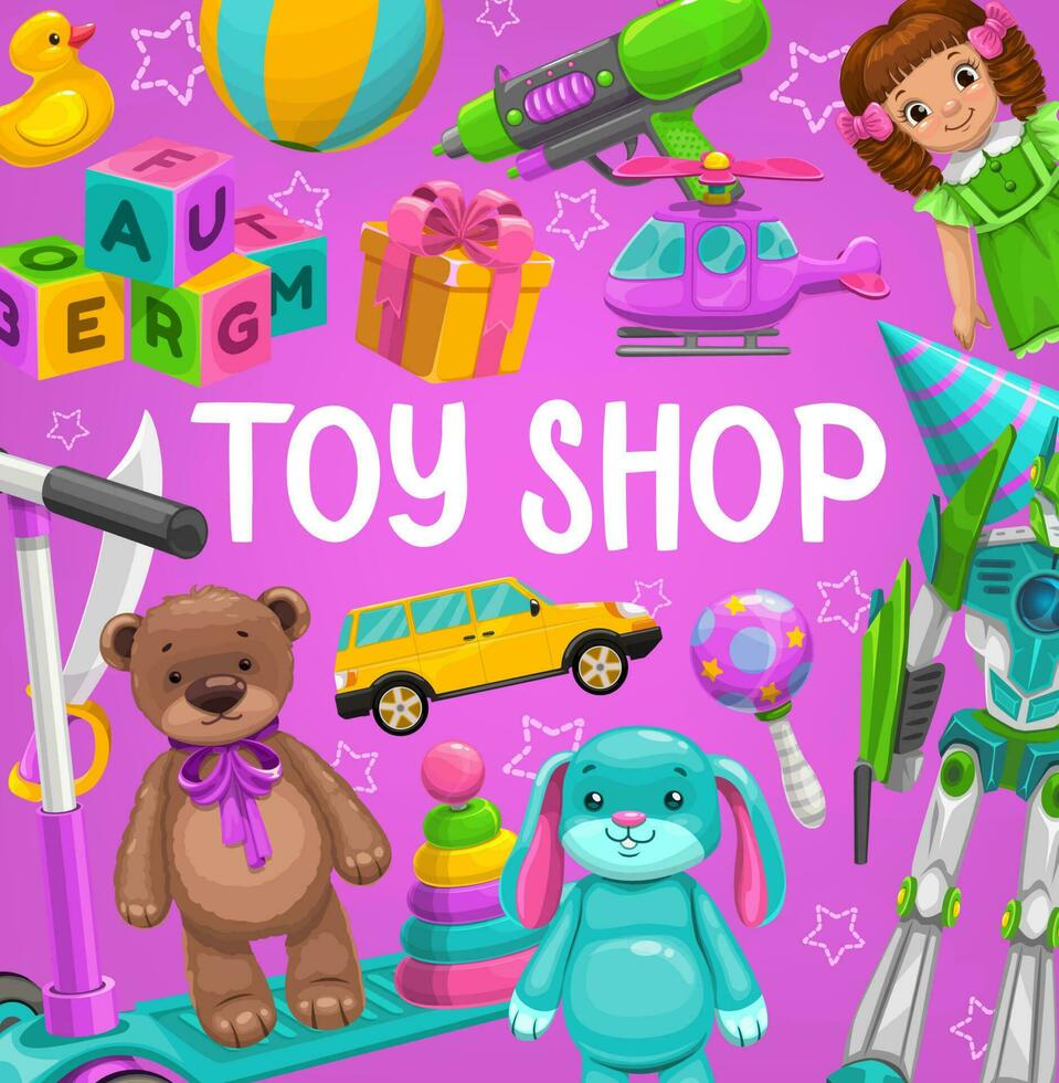 Toy shop cartoon vector poster, baby playthings