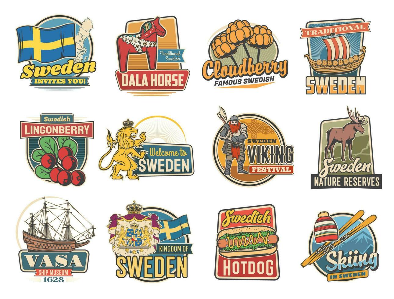 Travel to Sweden vector icons, swedish landmarks