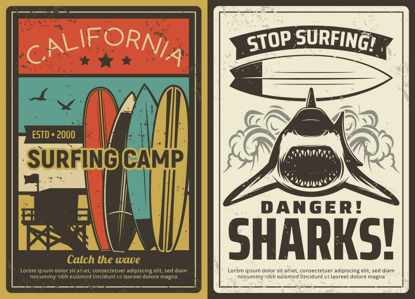 surf acampar y tiburón peligro retro vector póster
