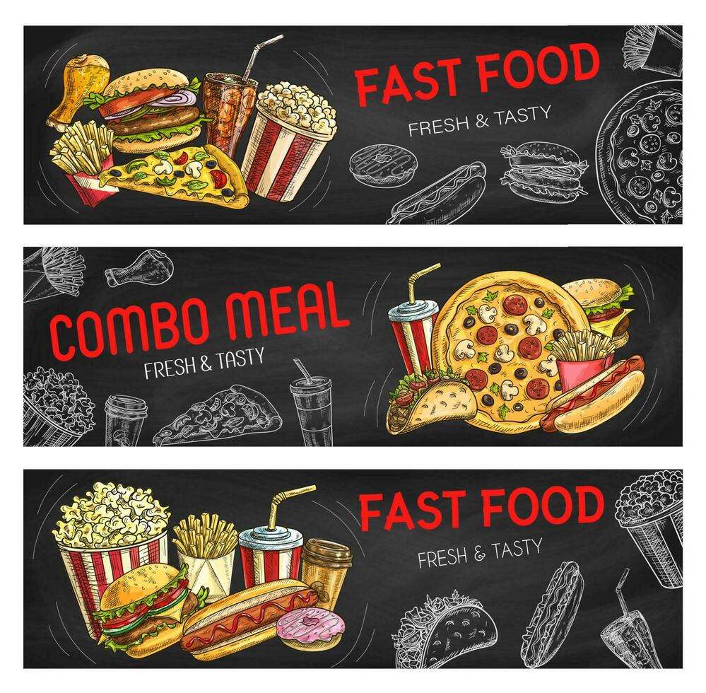 Fast food sketch burgers and sandwiches, banners vector