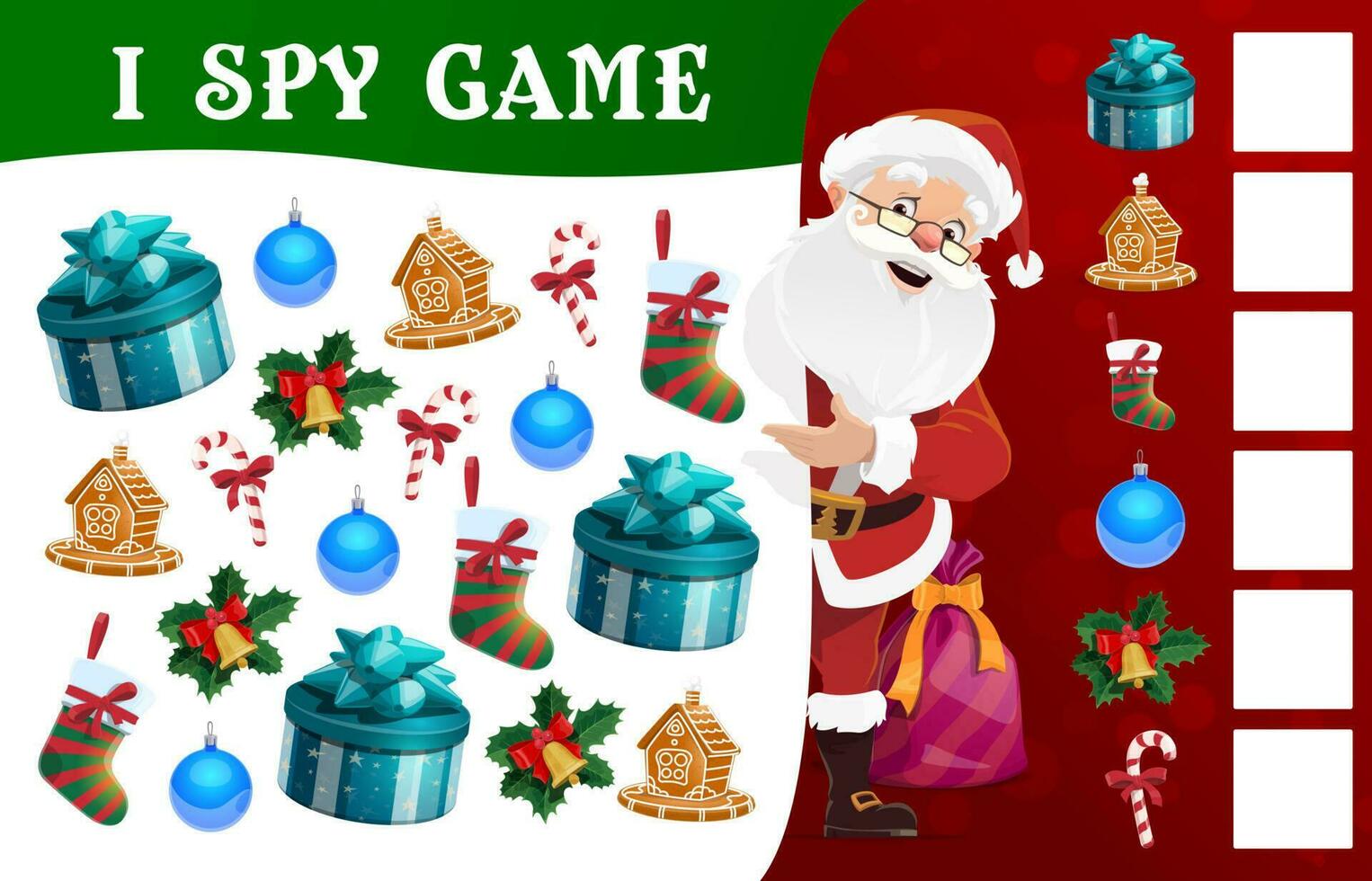 Children Christmas I spy educational game template vector