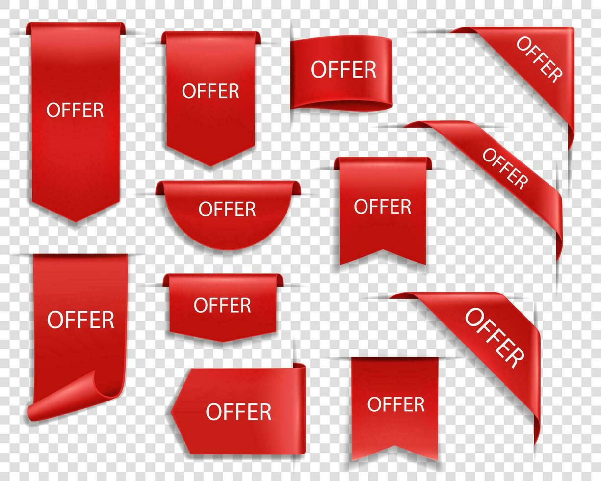 Offer red vector banners, isolated ribbons set