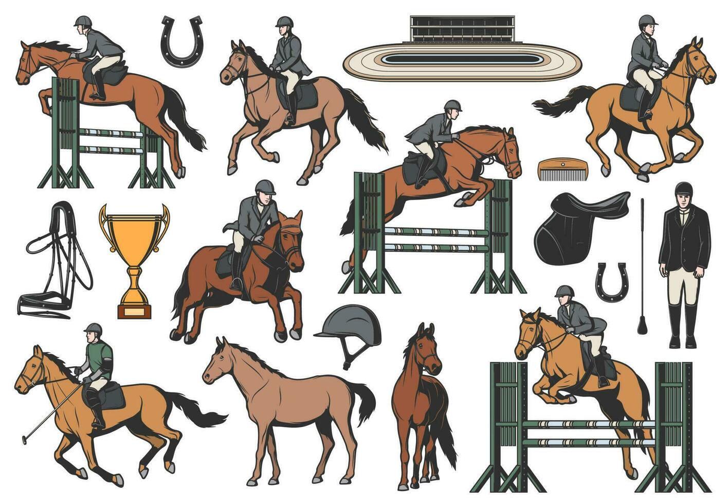 ecuestre deporte vector iconos, caballo montando conjunto