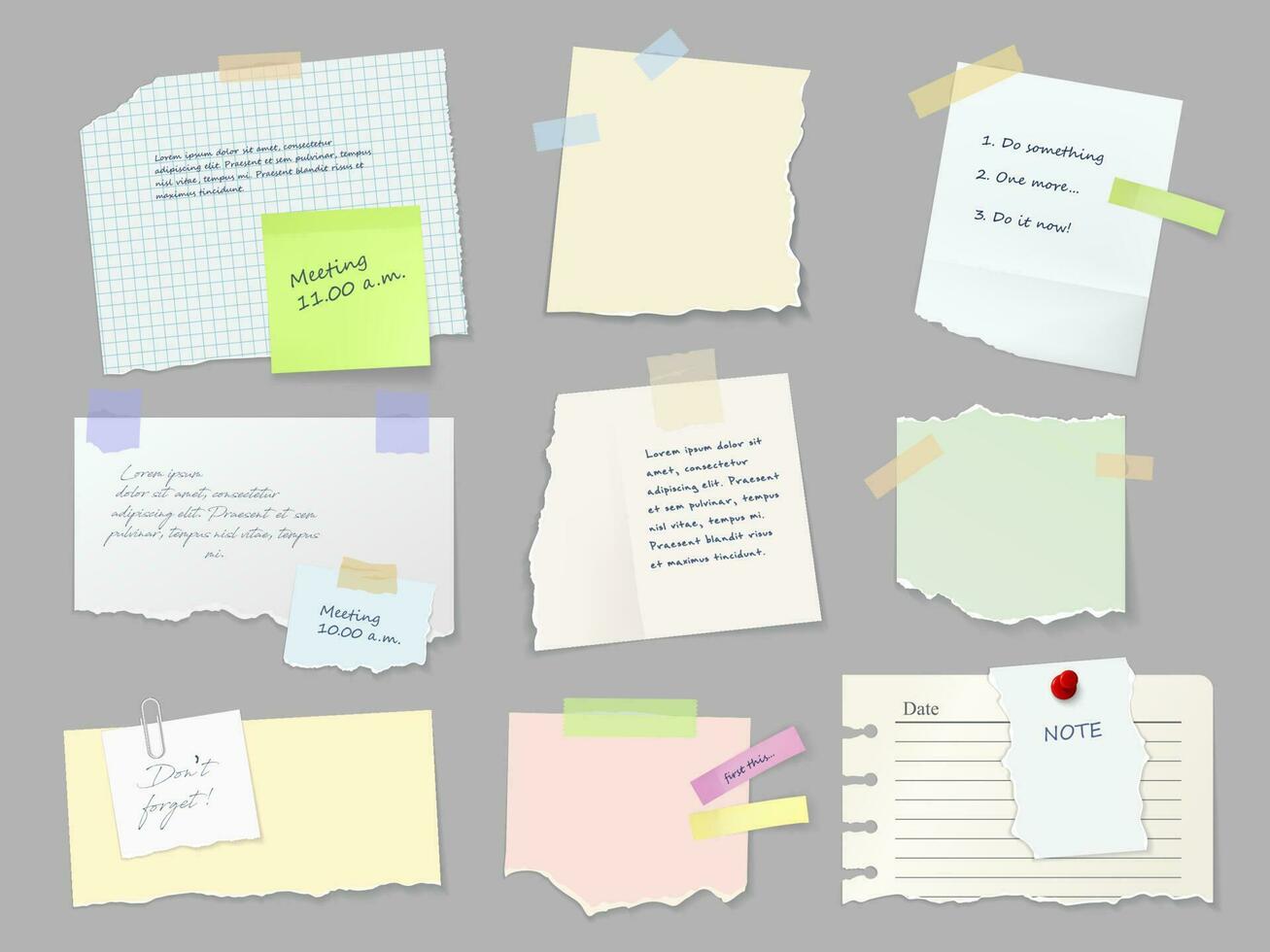 Notes, memo paper sheets on adhesive tape vector