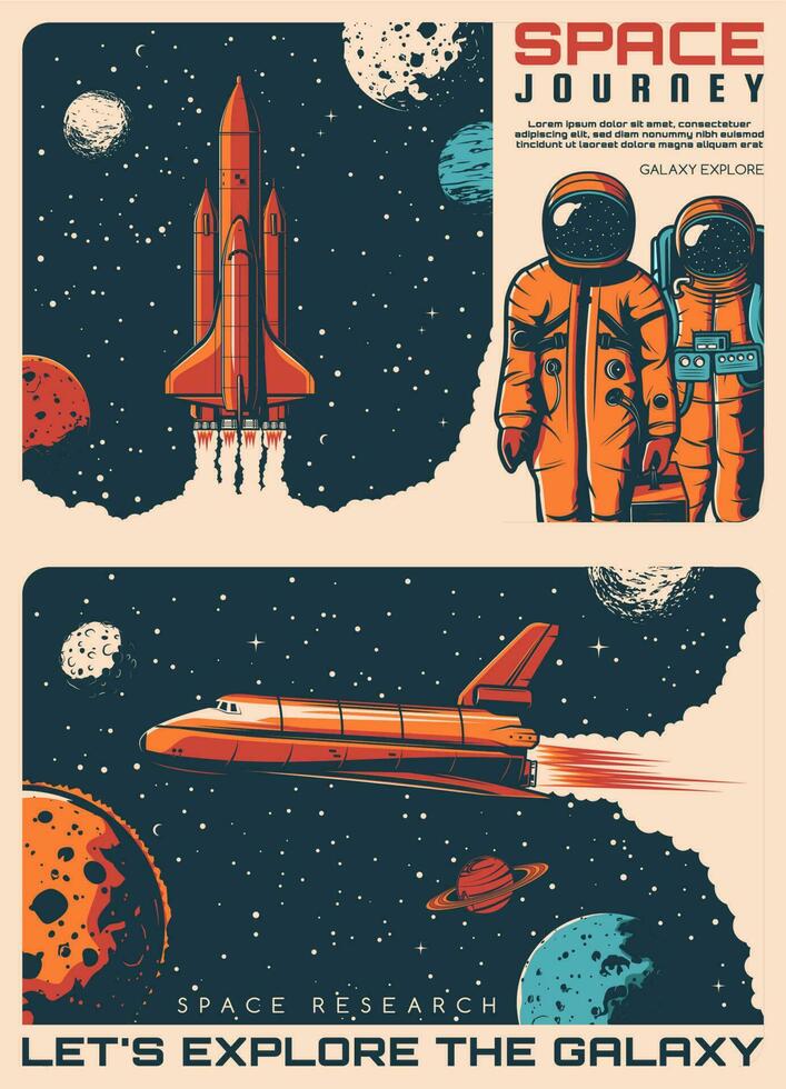Galaxy explore, astronauts and spaceship posters vector