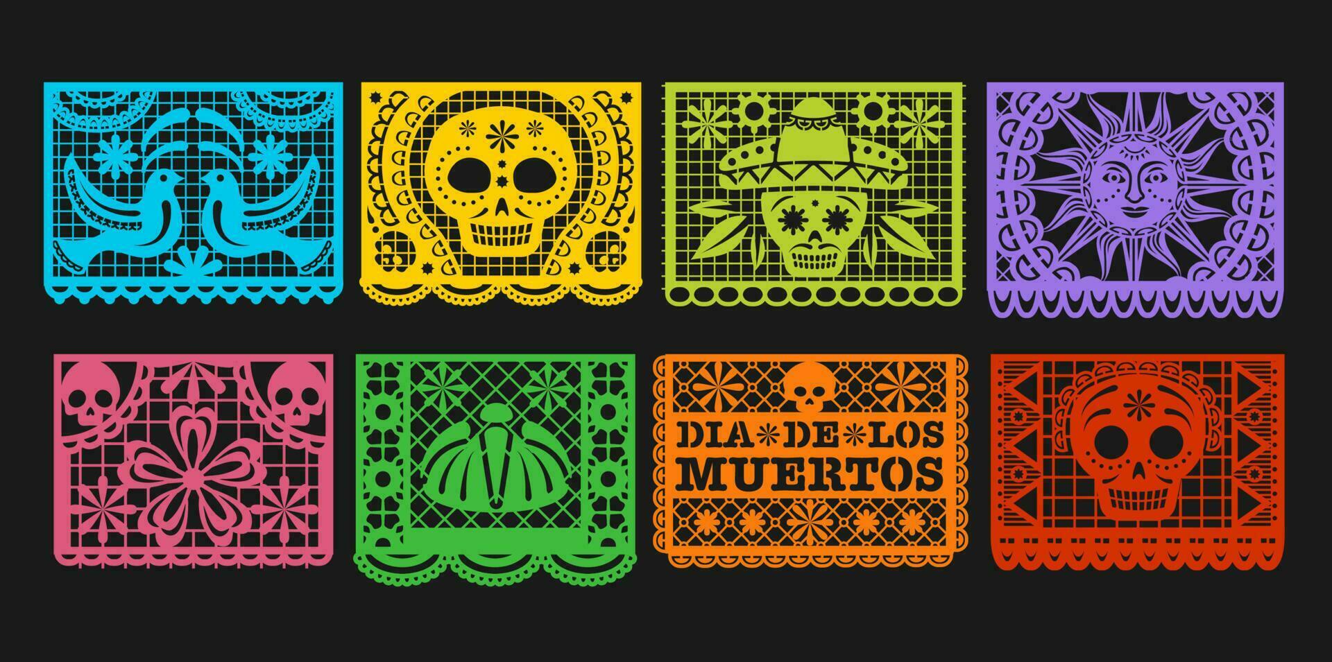 papel banderas, mexicano día de el muerto papel picado vector