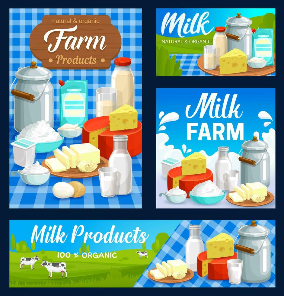 Dairy farm food products, milk, butter and cheese vector