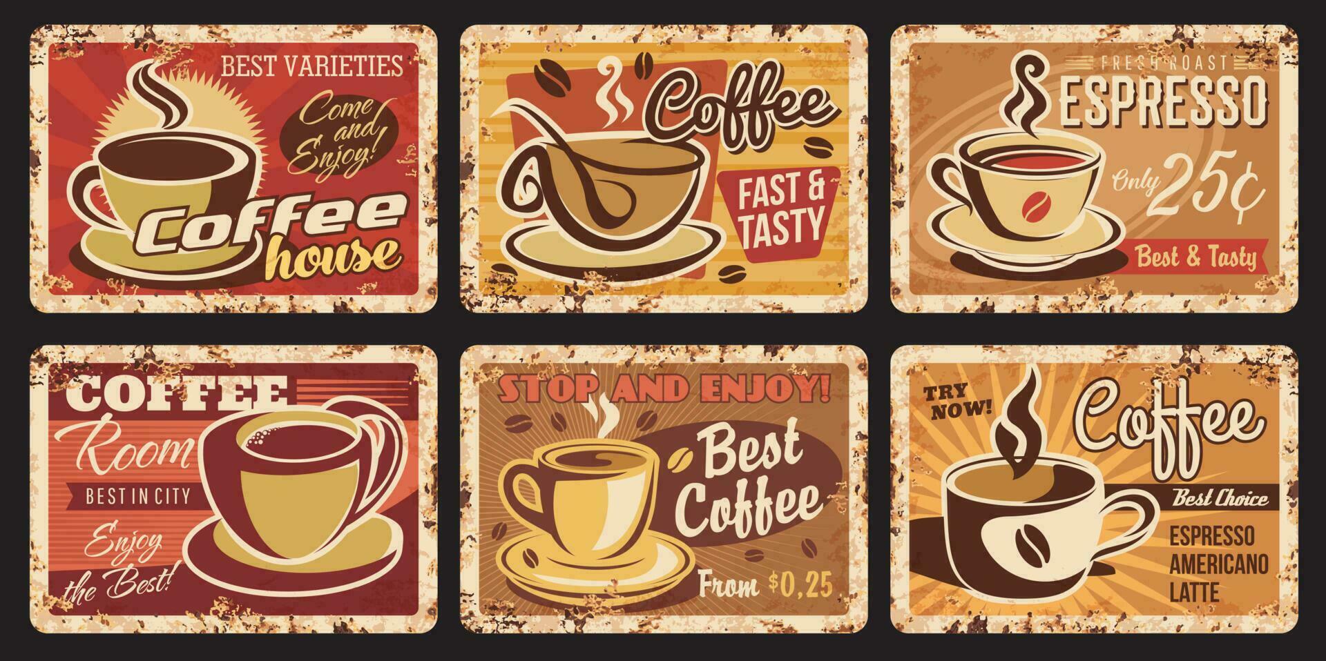 Coffee house hot drinks vector rusty metal plates