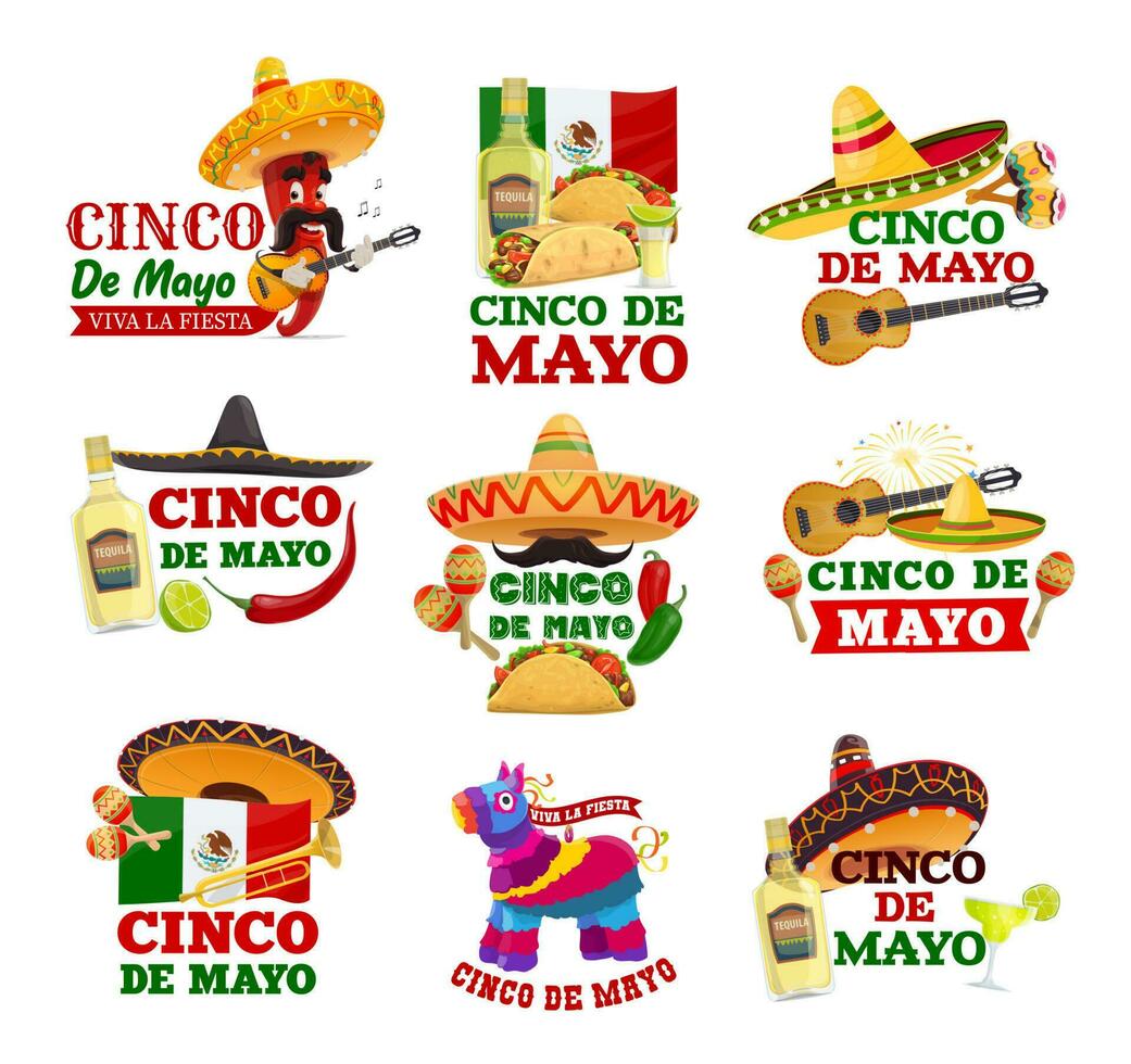 Cinco de Mayo and Viva Mexico isolated icons vector
