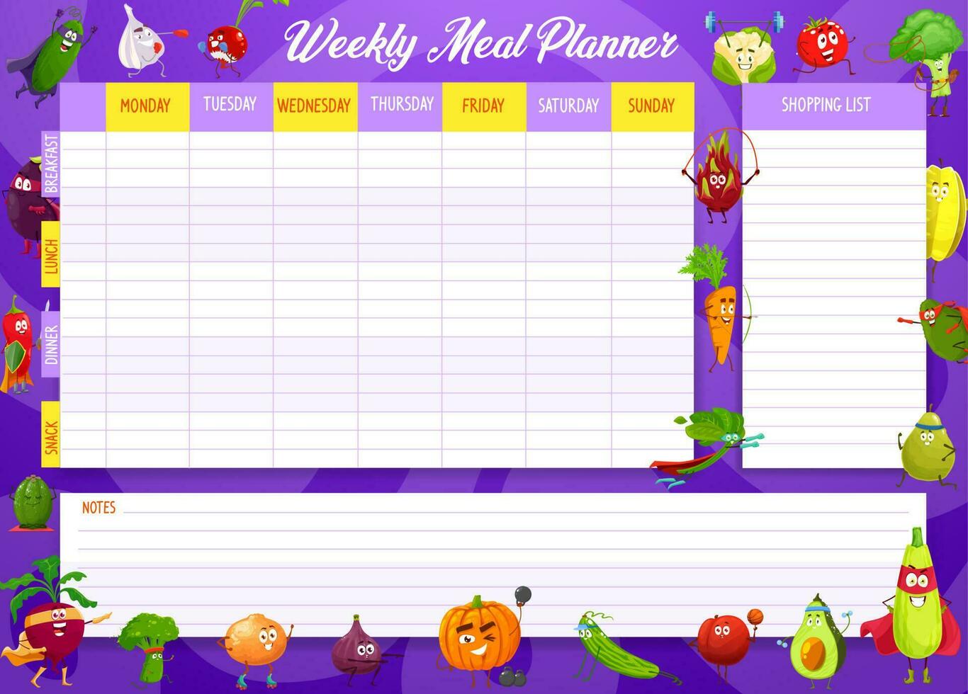 School timetable vector template with vegetables