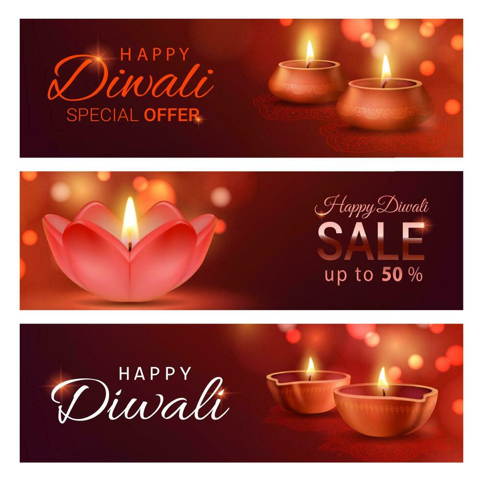 Diwali festival sale offer banners with diya lamps vector