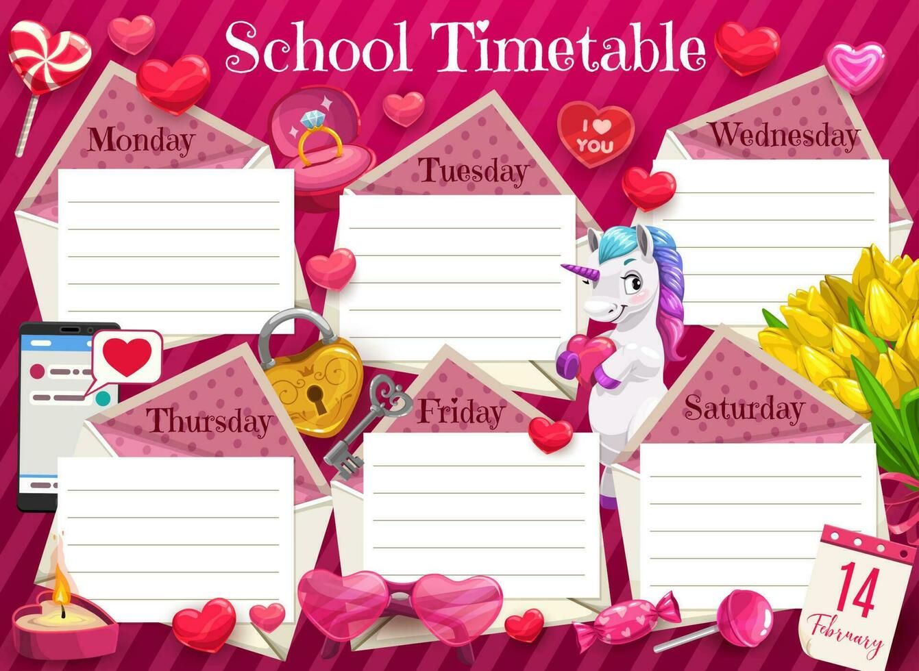 Valentines day school timetable, lessons schedule vector