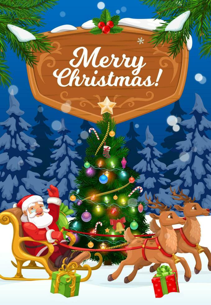 Navidad trineo con Navidad regalos, árbol y Papa Noel vector