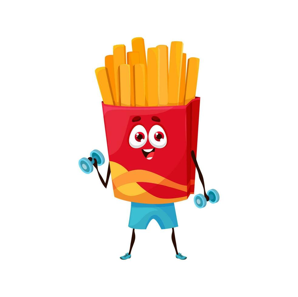 Cartoon french fries character with dumbbells vector