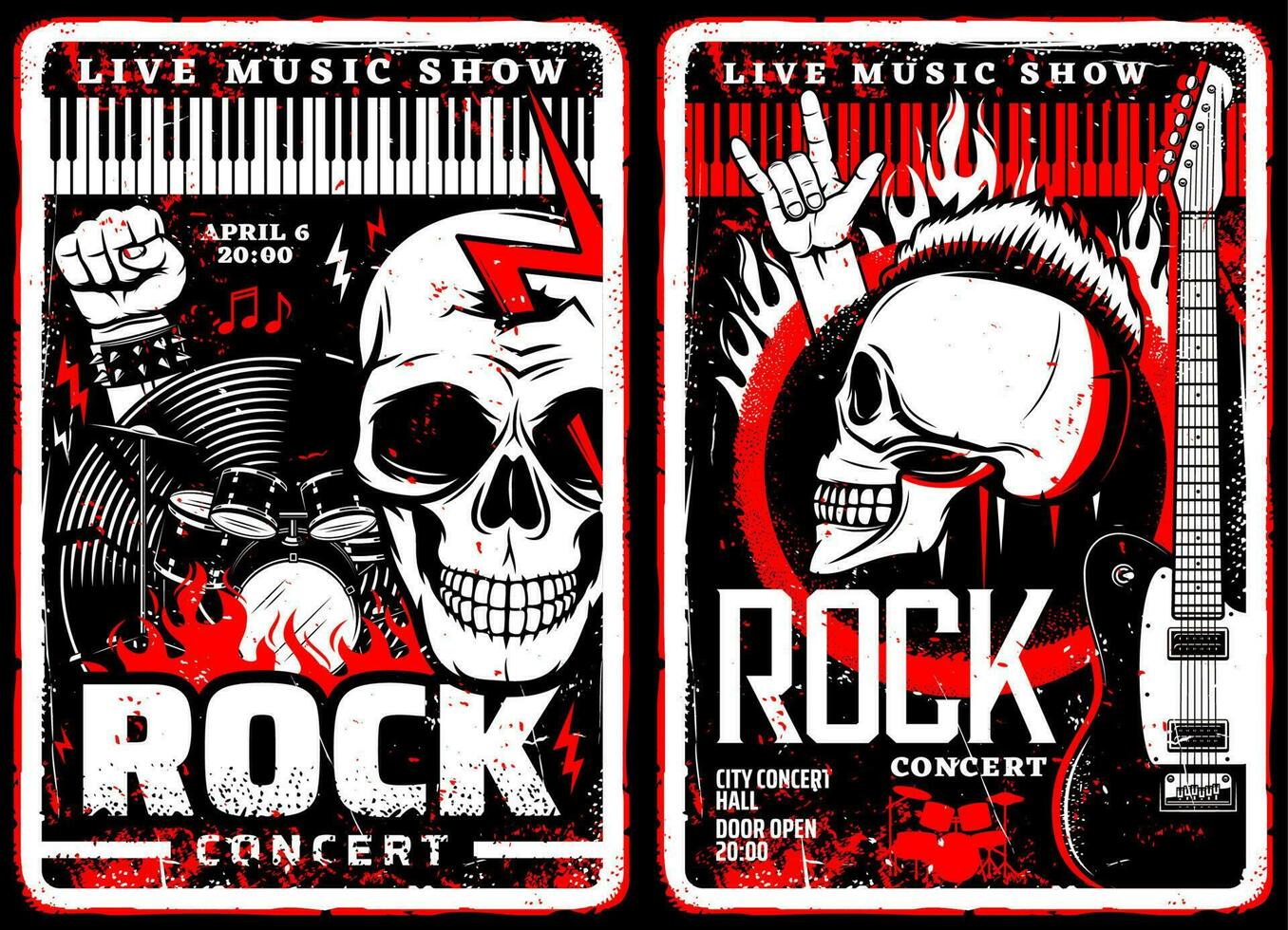 Rock music concert grunge posters, metal festival vector