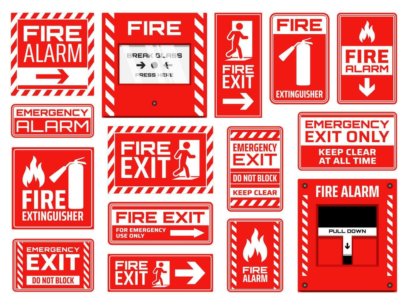 Fire emergency exit, extinguisher and alarm signs vector