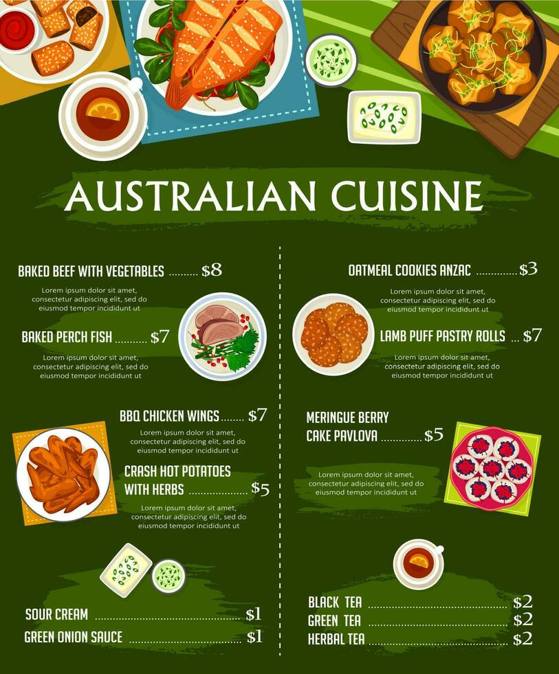 australiano cocina vector menú plantilla, comidas