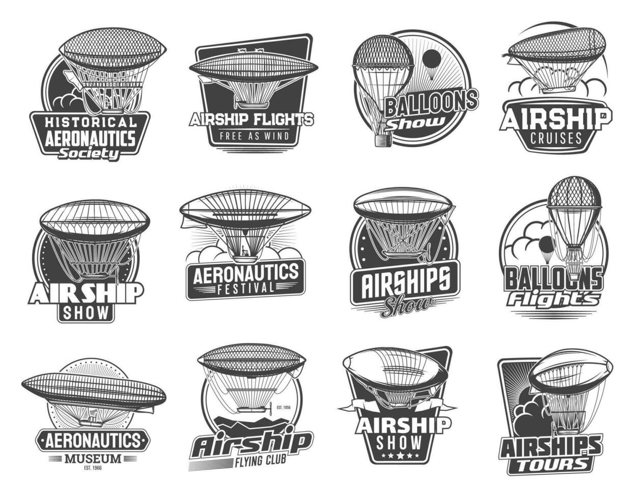 Dirigible airships and balloons vector icons set