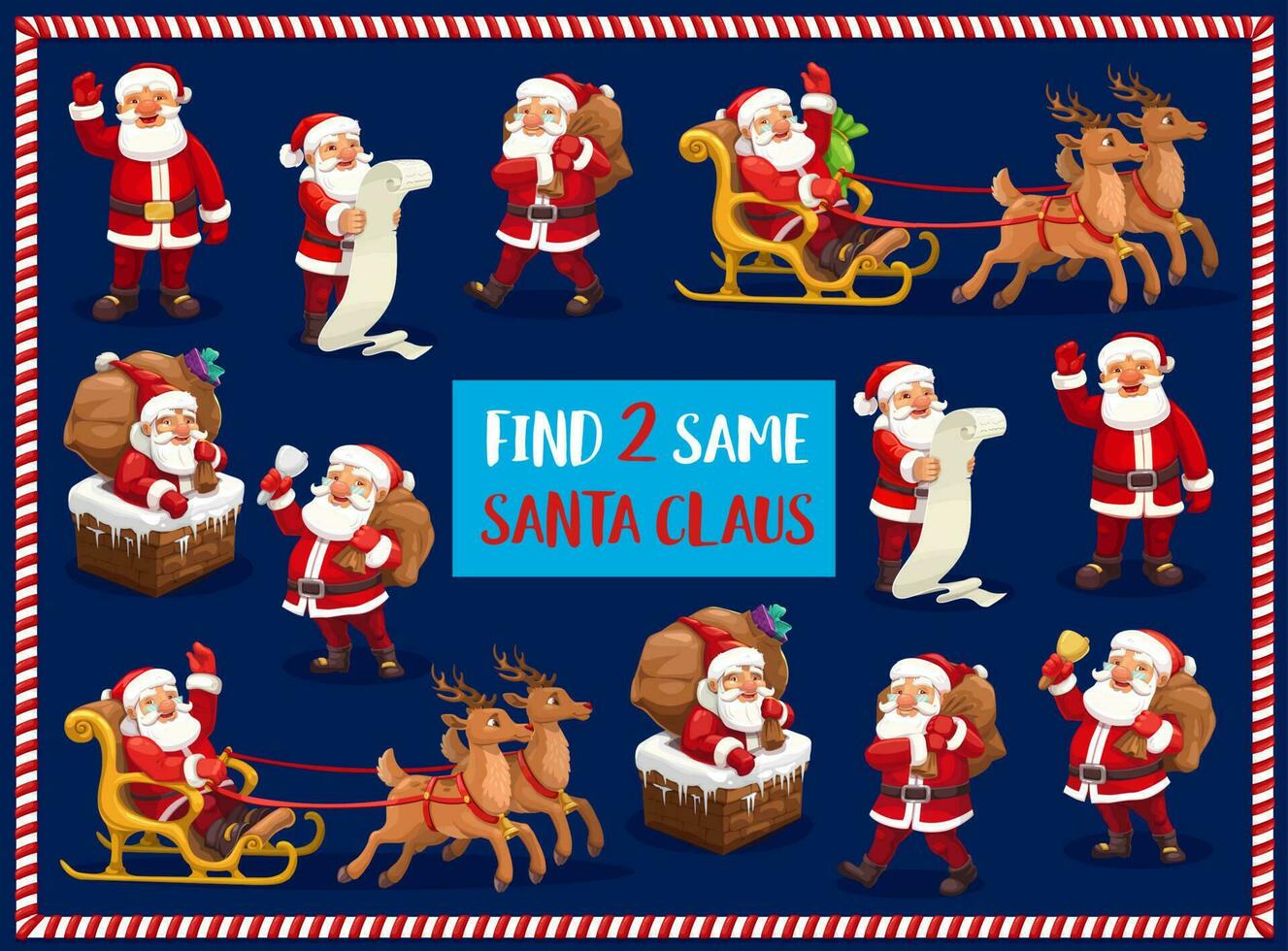 Kids game find two same Santa Claus vector riddle