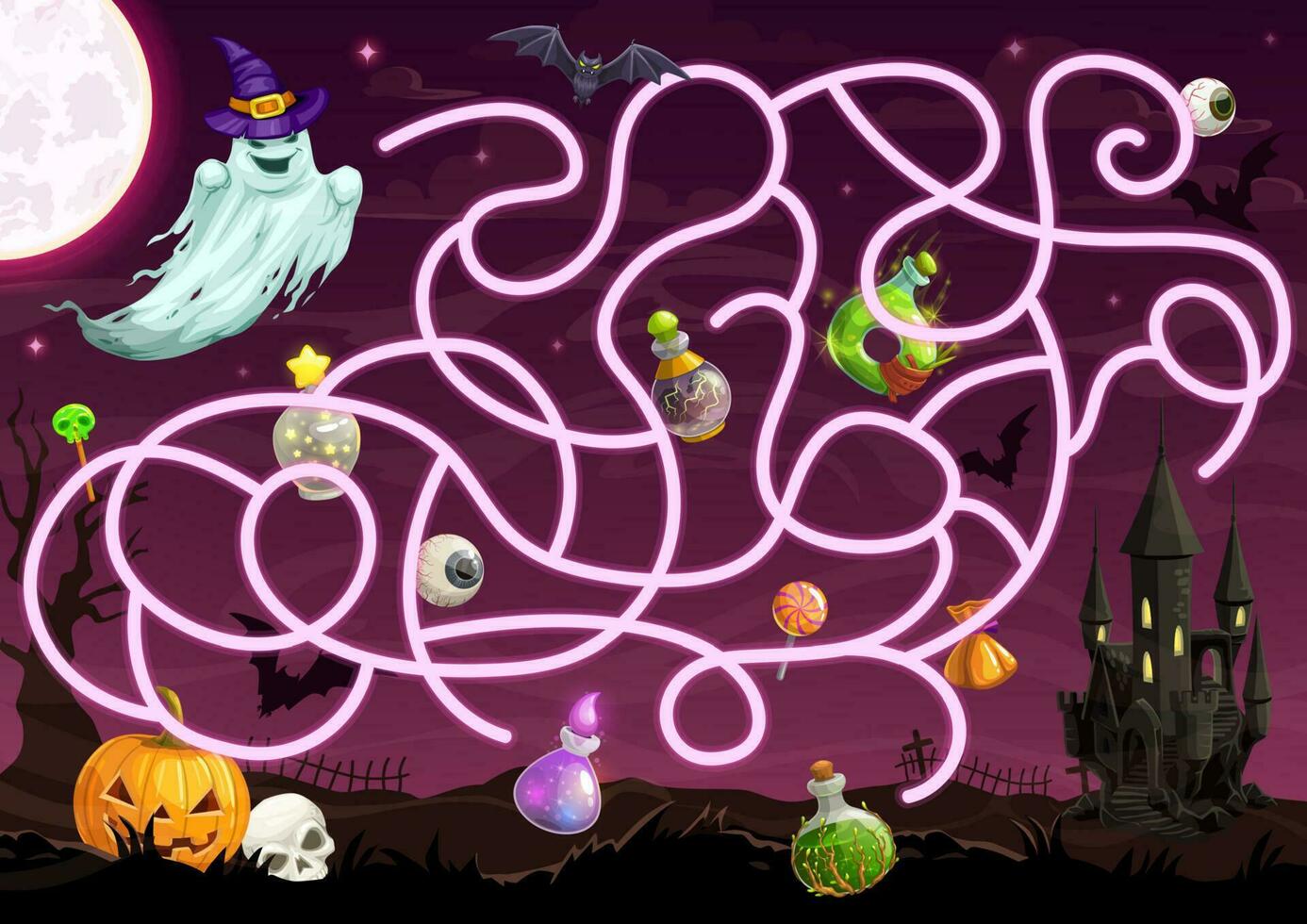 Halloween maze game with labyrinth vector template