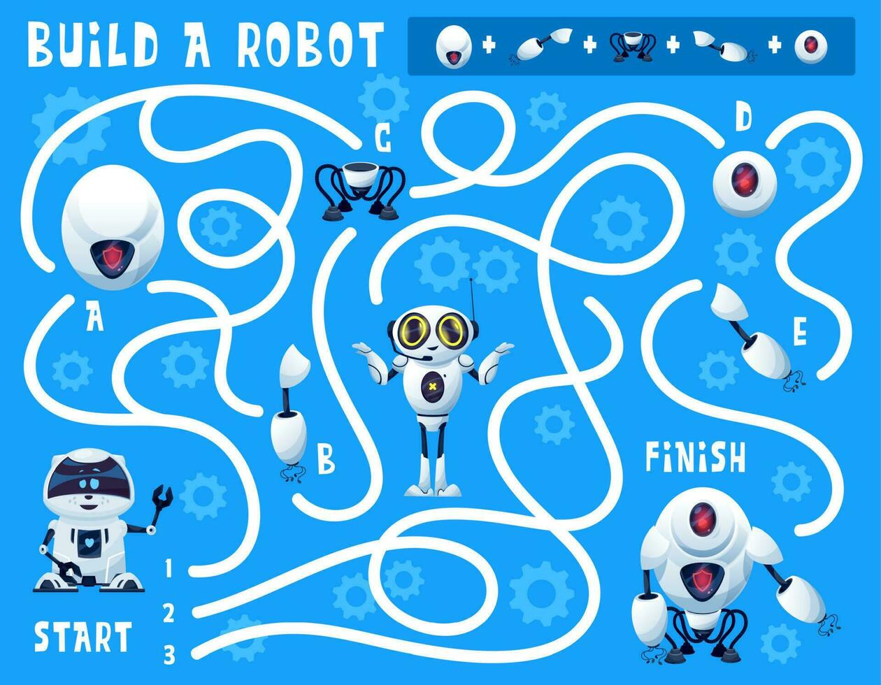 Kids game build a robot, labyrinth maze with bots vector