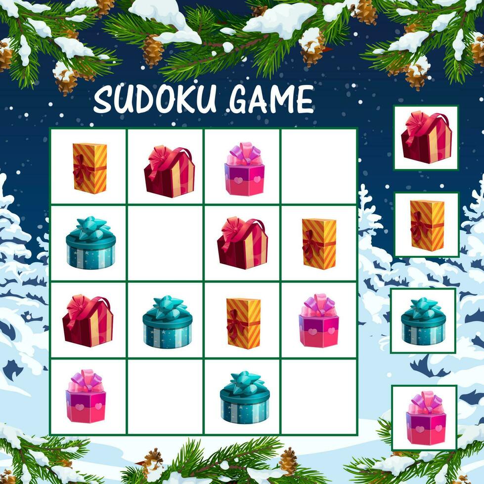 Christmas sudoku game for kids with holiday gifts vector