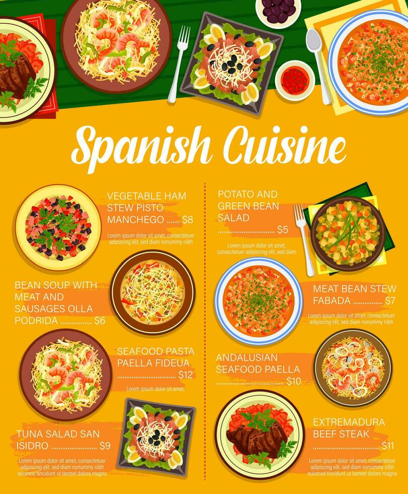 Spanish cuisine menu, meat, seafood paella, veggie vector