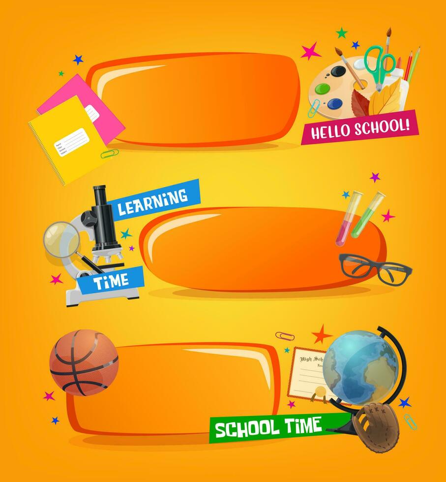 School banners, educational vector cartoon frames