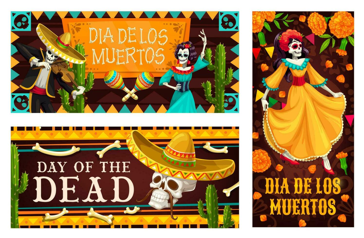 Day of the Dead or Dia de los Muertos skeletons vector