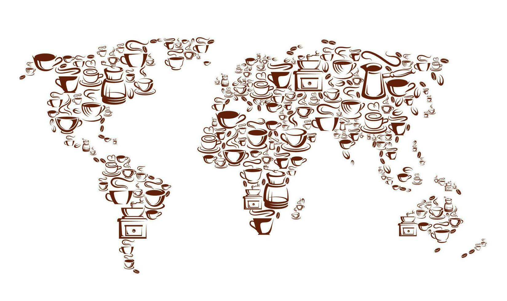 Steaming coffee cups, pots and beans world map vector