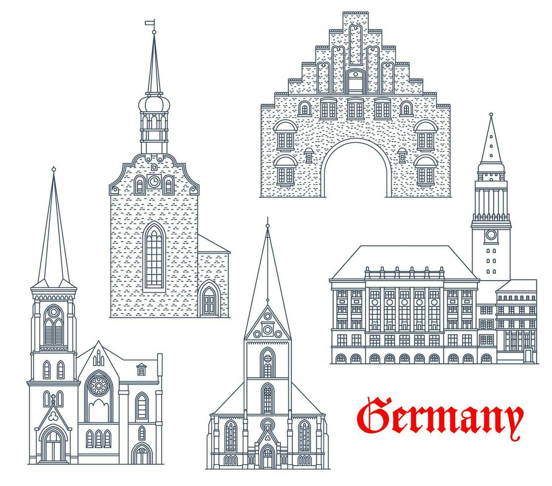 Germany landmark buildings icons, Kiel, Flensburg vector