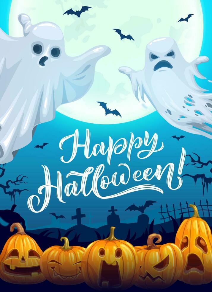 Happy Halloween poster with cartoon vector ghosts