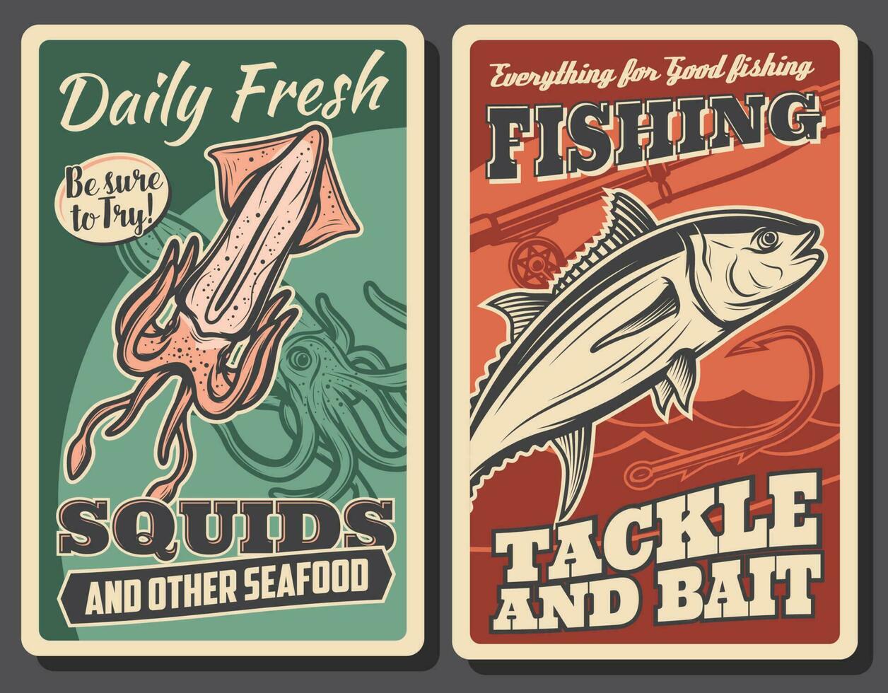 Fresh seafood, fisher tackle store vector poster