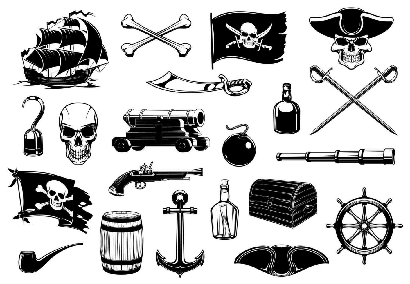 pirata íconos de cráneo, cofre tesoro mapa y Embarcacion vector