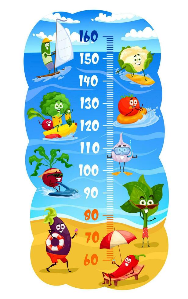 niños altura gráfico con gracioso vegetales en playa vector